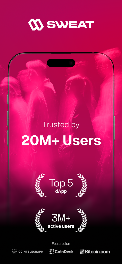 Sweat Wallet promotional screen showing over 20 million users and top 5 dApp ranking.
