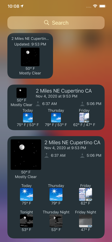 NOAA Weather & Tides - iOS home screen widgets displaying hyperlocal weather forecasts for Cupertino CA in three different sizes