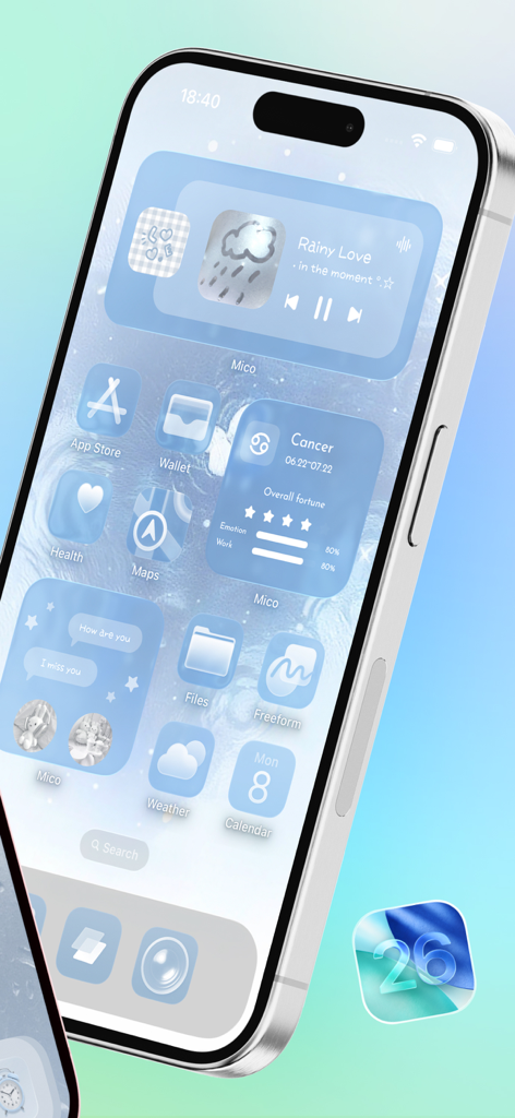 Mico - Widget & Live Wallpaper - Pantalla de inicio de iPhone con estética azul claro personalizada con widgets e iconos de Mico