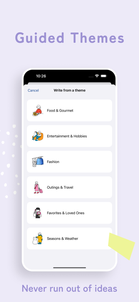 Lingualog - AI English Diary - A list of guided writing themes in the Lingualog app including Food and Travel for English journaling