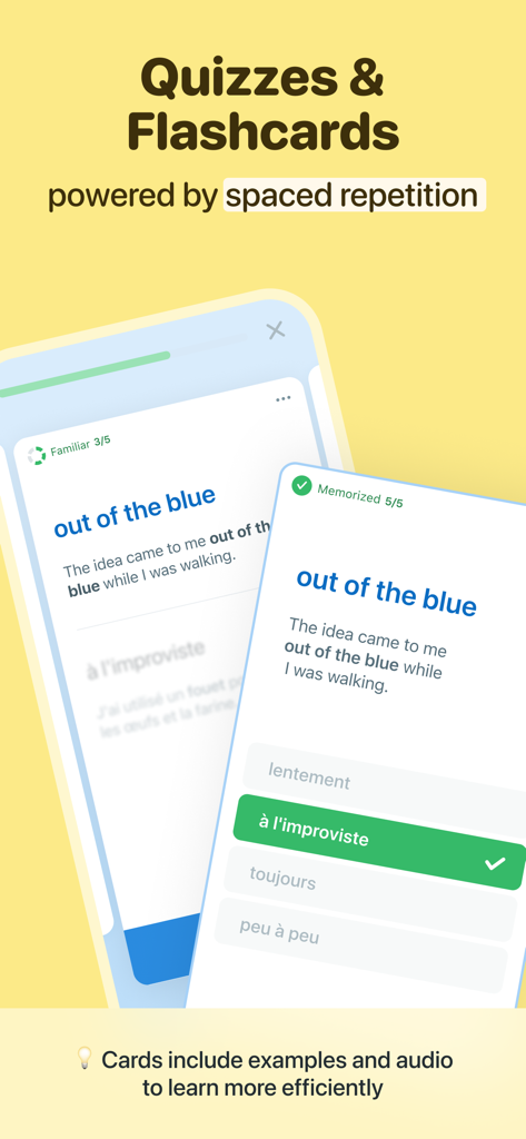 Reverso app interface showing vocabulary quizzes and flashcards powered by spaced repetition