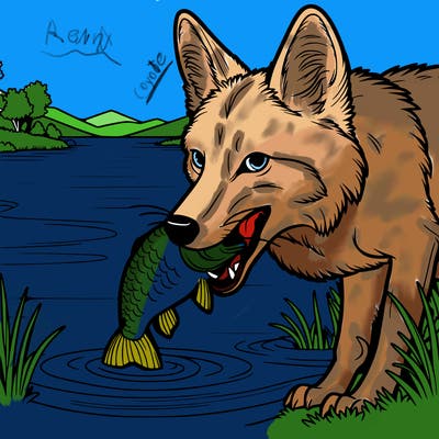 realistic coyote eating a fish next to a river