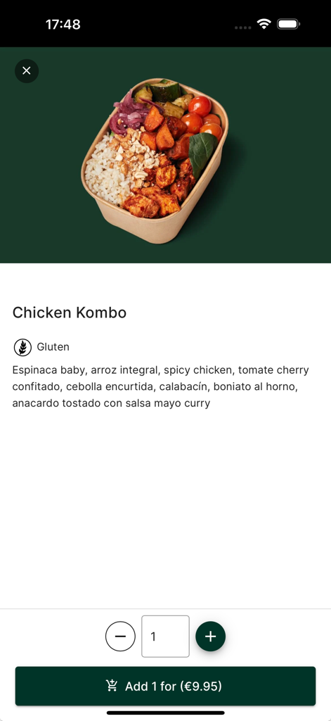 Kombo - チキンKomboミールの詳細ビュー。材料、価格、アプリでのカート追加ボタンが表示されています。