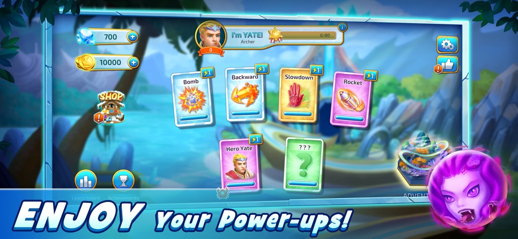 Atlantisor - Marble Blast - Atlantisor Marble Blastゲームメニューに、爆弾、逆方向、スローダウン、ロケットなどの異なるパワーアップカードが表示されたインターフェース。