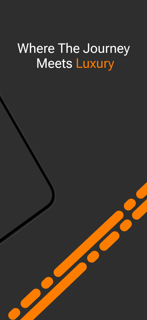 Key Car Rental app splash screen featuring the text Where The Journey Meets Luxury with orange graphic accents on a dark background.