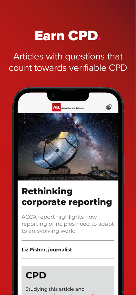 ACCA AB magazine - ACCA AB magazine app interface showing how to earn verifiable CPD units through technical articles.