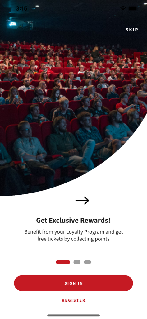 L'écran d'accueil de l'application Iraqi Cinema faisant la promotion de récompenses exclusives et des avantages du programme de fidélité