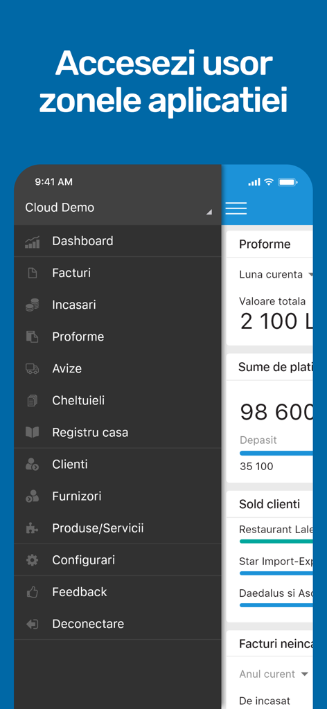 SmartBill - Menú de navegación de la aplicación móvil SmartBill mostrando opciones de panel, facturas y gestión de gastos