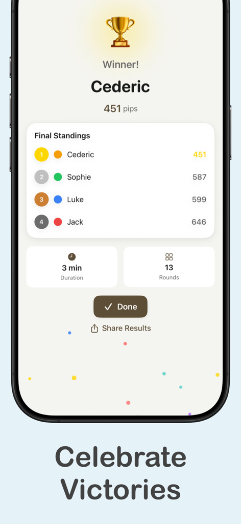Final standings screen showing the game winner and player scores in the Domino Master app