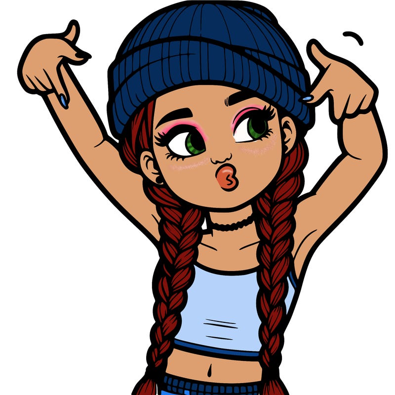 realistic teenage girl with braids and a beanie and crop top doing 🫶🏼