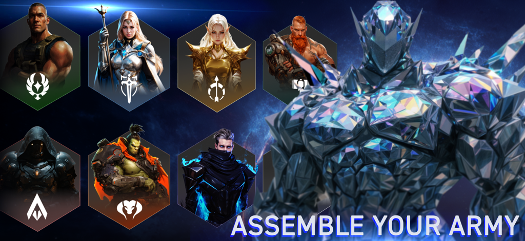 War of Nova - Character selection screen for War of Nova featuring diverse hero portraits from various factions and a large crystalline soldier.