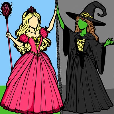 detailed realistic split of a princess and a witch