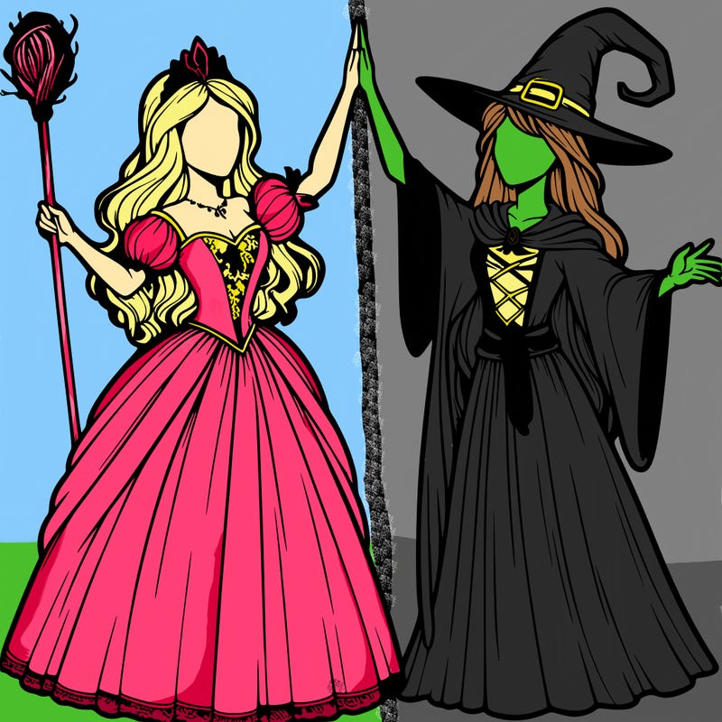 detailed realistic split of a princess and a witch