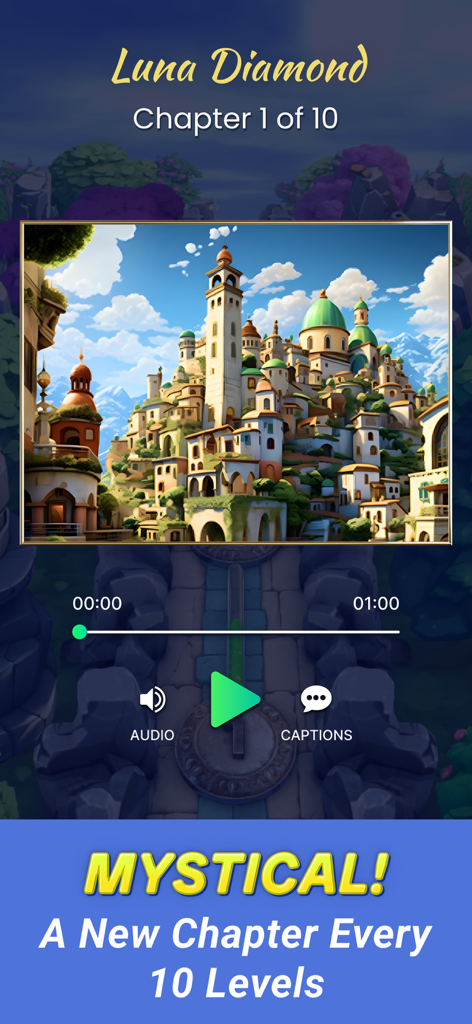 Jewelscape: Block Puzzle Game - Una captura de pantalla del Modo Misión de Jewelscape mostrando una ilustración mística de una aldea costera para un nuevo capítulo de la historia.