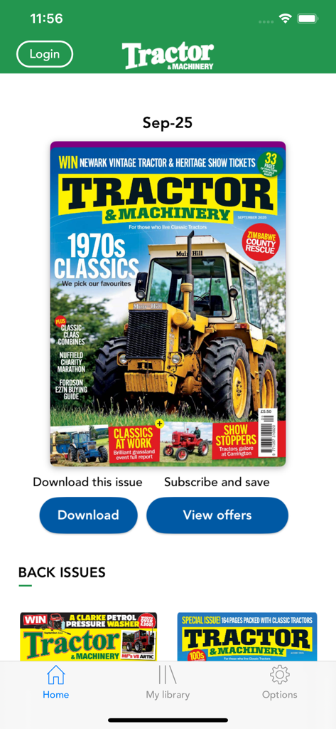 Tela inicial do aplicativo Trator e Máquinas apresentando a edição da revista de clássicos dos anos 1970 e opções de download