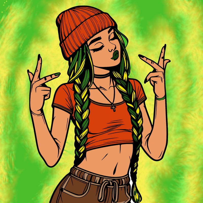 realistic teenage girl with braids and a beanie and crop top doing 🫶🏼