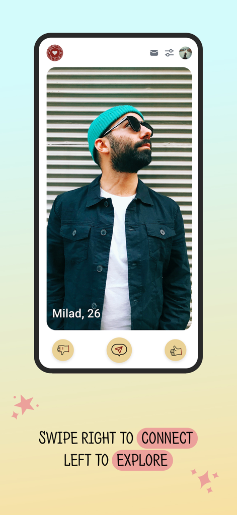 Azizam - Persian Dating App - Benutzeroberfläche der Azizam Persian Dating-App, die ein Benutzerprofil und Swipe-Anweisungen zeigt.