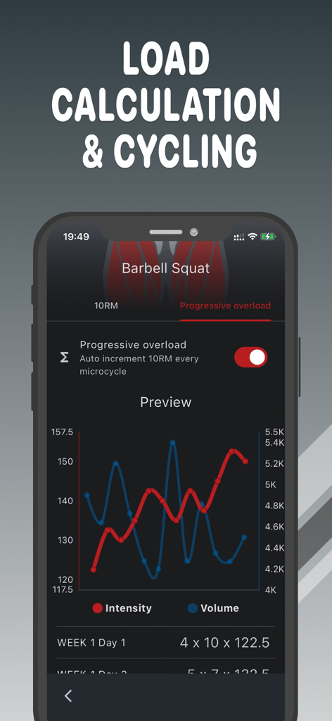 SMART IRON Gym Workout Routine - SMART IRON app load calculation and training volume graph for barbell squats