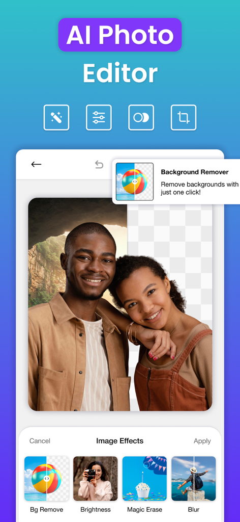 カップルのポートレートで背景削除機能を示すCanvas AIフォトエディターインターフェイス。