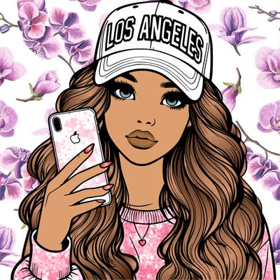 realistic beautiful girl wearing los ángeles cap holding an iphone