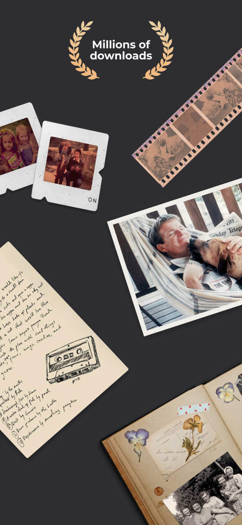 Une collection de souvenirs de famille analogiques comprenant de vieilles photos, des négatifs de films, des diapositives et des albums de coupures de presse, avec une couronne de laurier indiquant des millions de téléchargements.