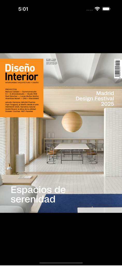 Diseño Interior - Portada de la revista Diseño Interior con una habitación moderna minimalista con una gran lámpara esférica y texto sobre el Madrid Design Festival 2025.