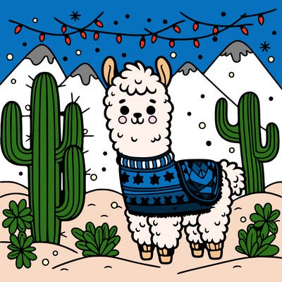cute llama wearing a festive sweater standing in a snowy south american landscape with cacti adorned with christmas lights
