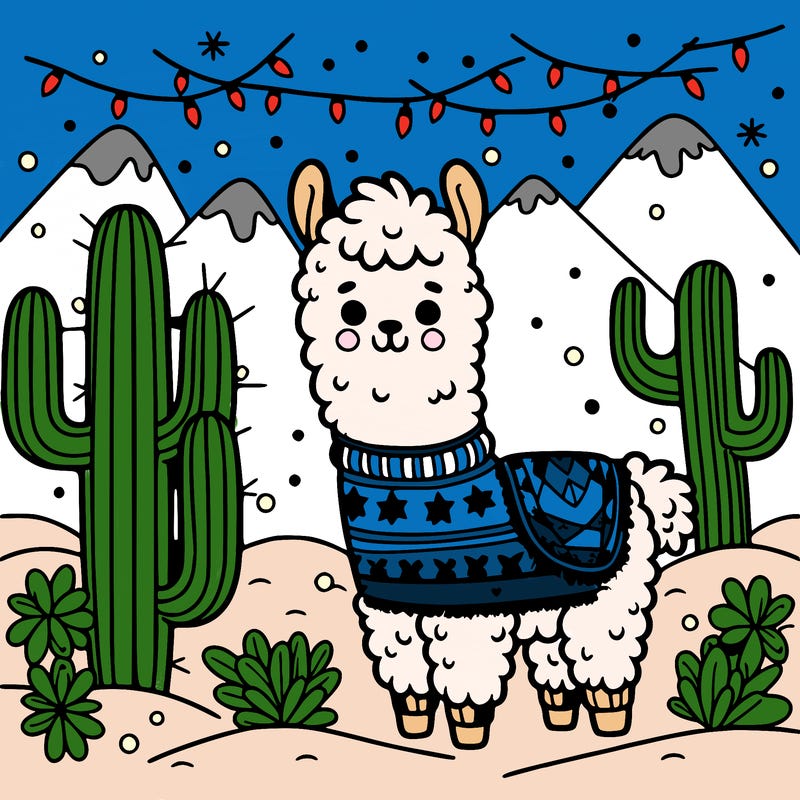 cute llama wearing a festive sweater standing in a snowy south american landscape with cacti adorned with christmas lights