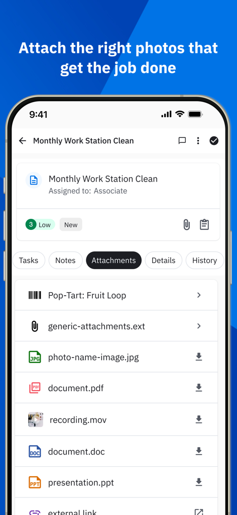 Workcloud My Work - Zebra Workcloud My Work app interface showing a list of file attachments including photos and documents for a monthly cleaning task