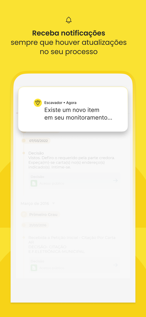 Consultar Processo - Escavador - Notificación push de la aplicación Escavador en la pantalla de un smartphone notificando sobre una actualización de proceso legal