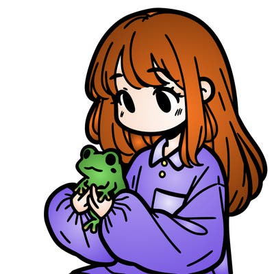 girl with long hair and a oversized shirt. and she is holding a frog