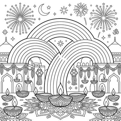 Step into a world where rare twinned rainbows meet the vibrant spirit of Diwali. This enchanting coloring page invites you to bring a spectacular festival scene to life with your favorite colors.