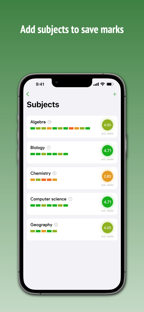 Dashboard of Want mark app showing a list of subjects with average scores and visual grade history