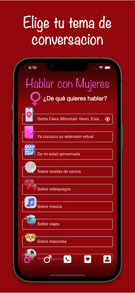 LlamameTu - Hablar por hablar - Interfaz para elegir temas de conversación en la aplicación LlamameTu como música y cocina