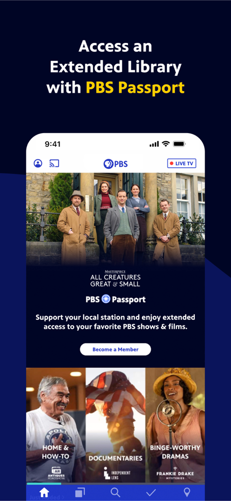 Mobile screen of the PBS app showing PBS Passport member benefits and featured series like All Creatures Great and Small