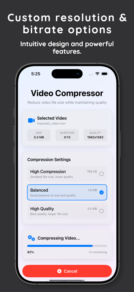 Video Compressor & Shrinker - Pantalla de la aplicación móvil que muestra los ajustes de compresión de vídeo y la barra de progreso