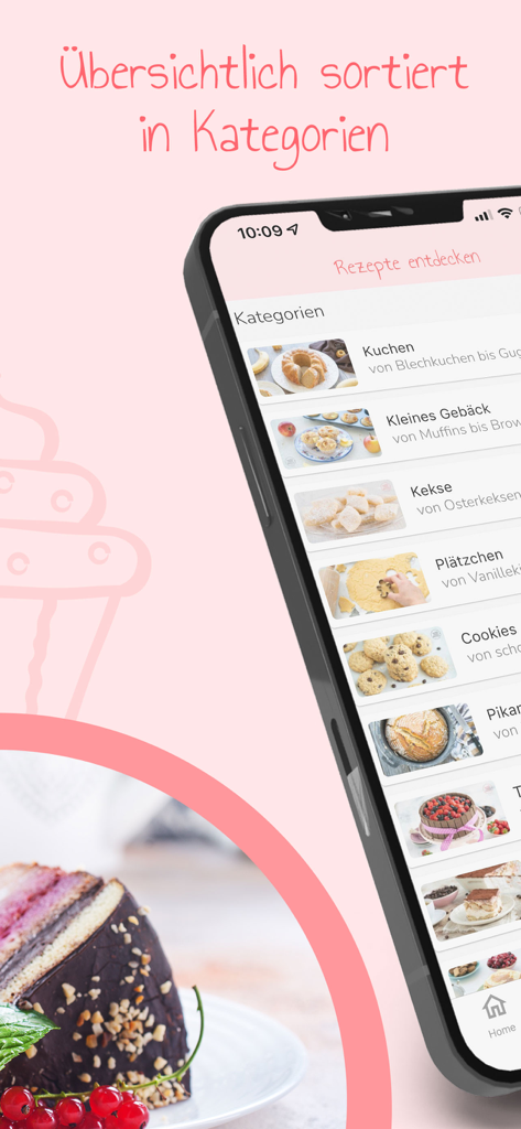 Backen macht glücklich - Backen macht glucklichアプリのケーキやクッキーなどのベーキングレシピカテゴリのリストを表示するスマートフォンの画面