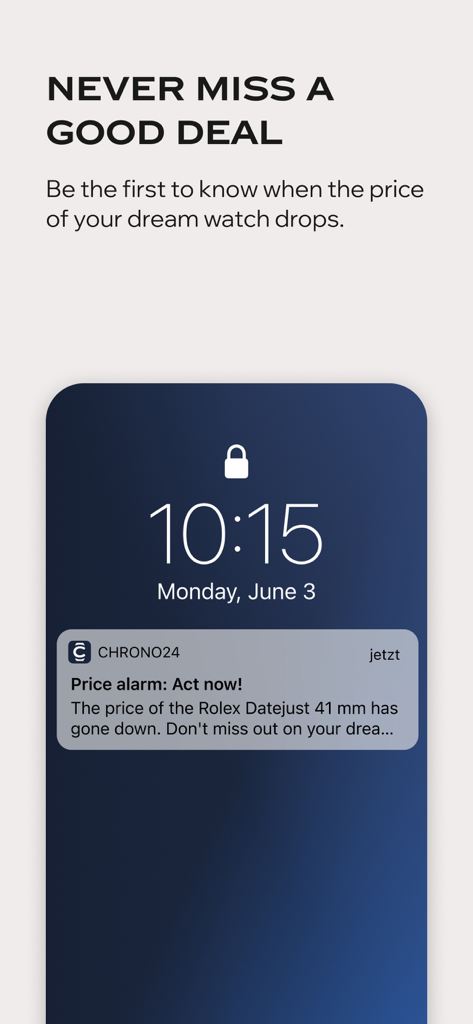 Smartphone lock screen showing a push notification from Chrono24 about a price drop for a Rolex watch