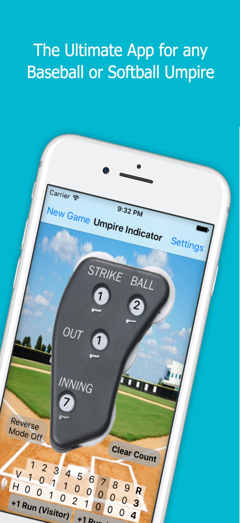 Umpire Indicator Pro app interface on an iPhone showing a digital baseball umpire clicker and game scoreboard