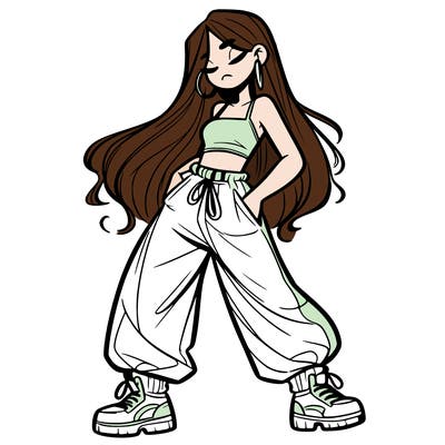 girl in baggy pants crop top and long hair