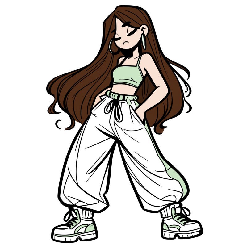girl in baggy pants crop top and long hair