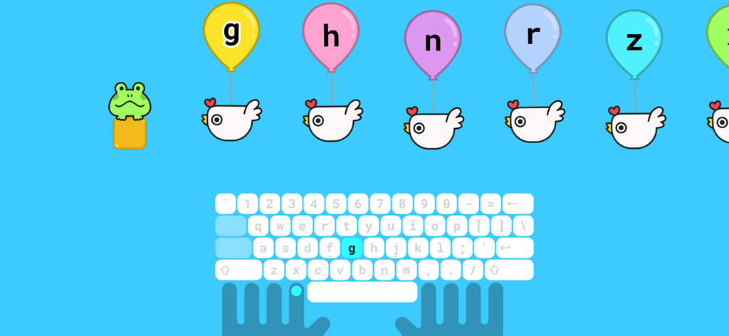 Educational typing mini game featuring letter balloons and a keyboard with hand position guides