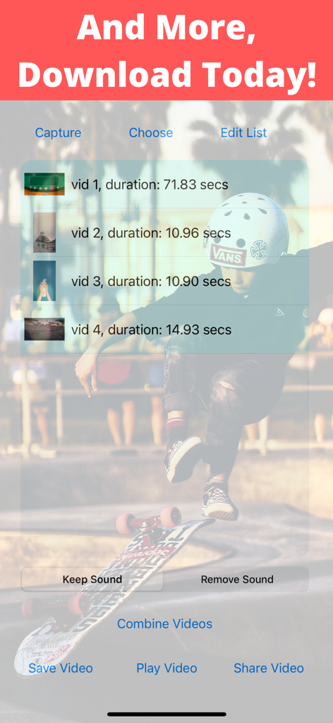 Stitch Videos - Interface of the Stitch Videos app showing a list of selected video clips to combine
