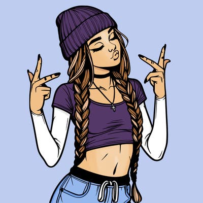 realistic teenage girl with braids and a beanie and crop top doing 🫶🏼