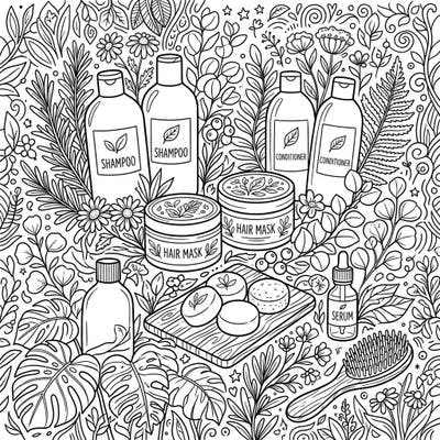 Discover the serene world of natural beauty with this intricate haircare coloring page. Featuring bottles, jars, and solid bars surrounded by lush botanical elements, it's perfect for a relaxing coloring session.
