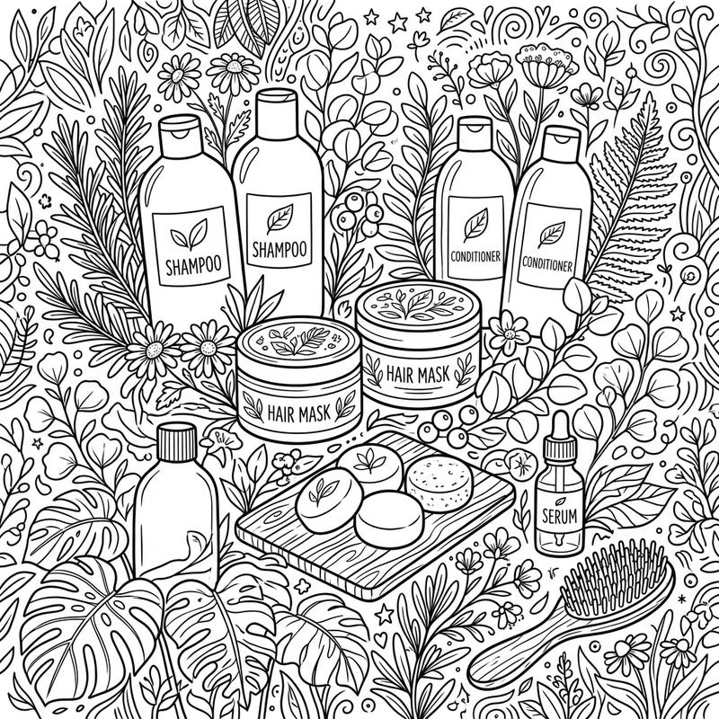 Discover the serene world of natural beauty with this intricate haircare coloring page. Featuring bottles, jars, and solid bars surrounded by lush botanical elements, it's perfect for a relaxing coloring session.