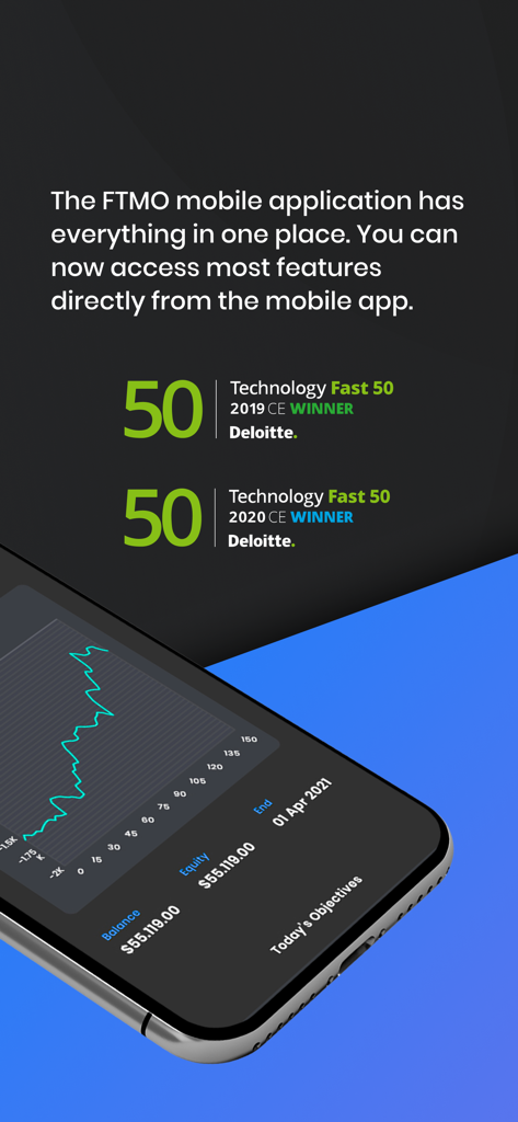 FTMO - Modern Prop Trading - Schermata dell'app mobile FTMO che mostra statistiche di trading e premi Deloitte Technology Fast 50.