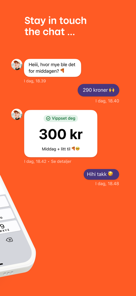 Vipps - Captura de pantalla de la aplicación móvil Vipps mostrando una conversación de chat donde los amigos saldan una factura de cena con un pago digital