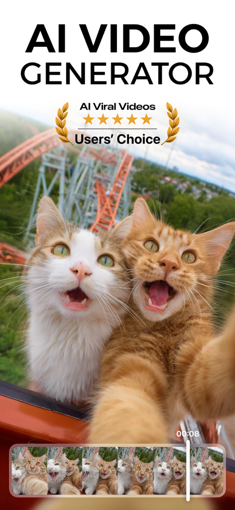 AI video generator interface showing two cats taking a selfie on a roller coaster with viral video ratings