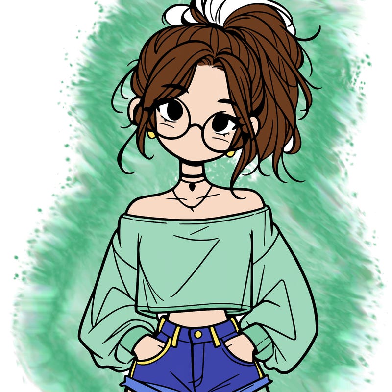 girl with a messy ponytail glasses a baggy crop top and jean shorts